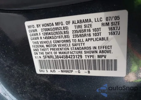 2005 Honda Odyssey Ex z USA, uszkodzony, nr VIN 5FNRL38445B423129